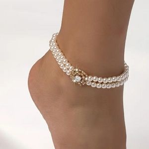 NEW French-Style Double Strand Faux Pearl Anklet with Square Rhinestone Accents
